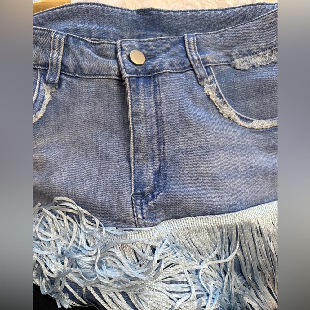 Oyrosy Vintage Washed Raw Edge Tassel Light Blue Denim Culottes NWT - Picture 10 of 15